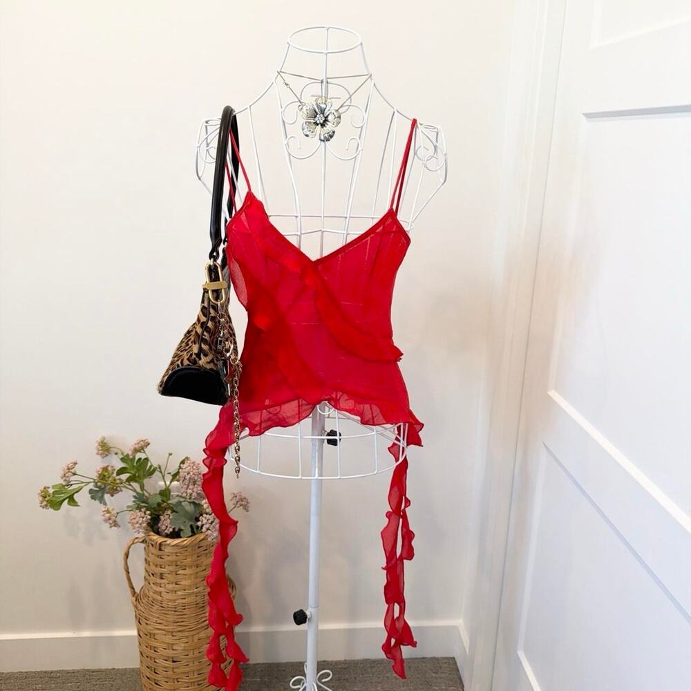 Vintage y2k red tight ruffle silky slip top- stunning asymmetric details